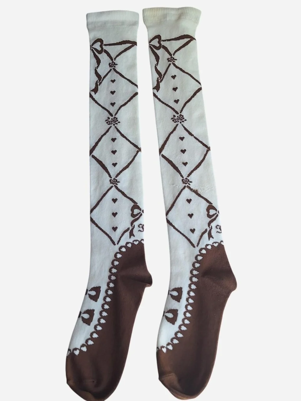 Innocent World Ivory Brown Ballet Ribbon Hearts OTK Socks | Classic Lolita